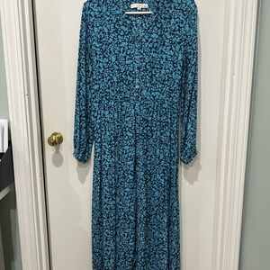 LOFT Teal Floral Long Sleeve Dress
